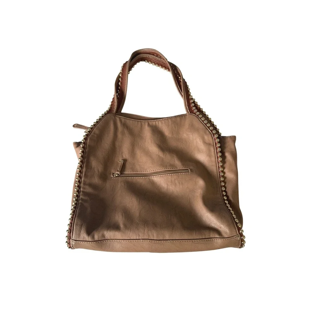 Vintage Y2K Tan Big Buddha Faux Leather Hobo Bag Gold Ball Stud Trim Slouchy KC